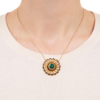 French Antique Cabochon Emerald, Diamond and Enamel Necklace