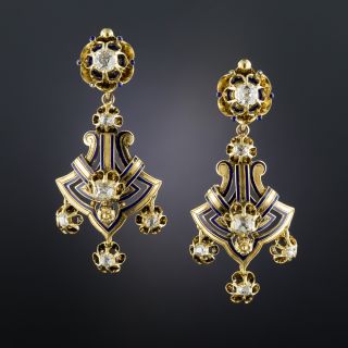 French Antique Diamond and Blue Enamel Drop Earrings - 1