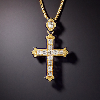 French Antique Diamond And Enamel Cross Pendant - 1