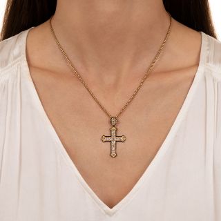 French Antique Diamond And Enamel Cross Pendant
