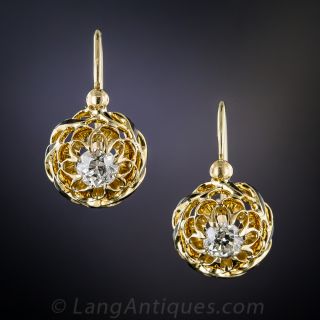 French Antique Diamond and Enamel Drop Earrings
