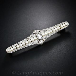 French Antique Diamond and Pearl  Petite Bar Pin