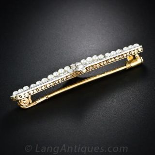 French Antique Diamond and Pearl  Petite Bar Pin