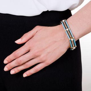 French Antique Diamond, Pearl, and Turquoise Enamel Bracelet