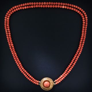 French Antique Double Coral Strand with Victorian Etruscan Revival Clasp - 6