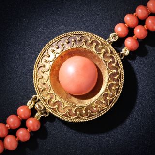 French Antique Double Coral Strand with Victorian Etruscan Revival Clasp