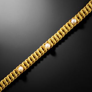 French Antique Fancy Curb Link and Natural Pearl Bracelet - 3