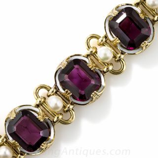 French Antique Garnet, Pearl and Enamel Bracelet