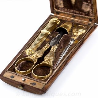 French Antique Gold Sewing Kit in Case
