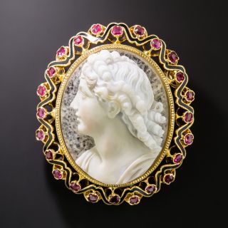 French Antique Hardstone Cameo, Enamel And Ruby Brooch - 3