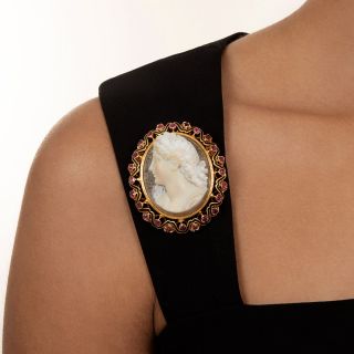 French Antique Hardstone Cameo, Enamel And Ruby Brooch