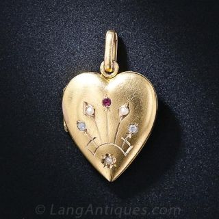 French Antique Heart Locket with Pearls, Diamonds and Ruby