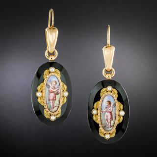 French Antique Limoges Enamel, Natural Pearl and Onyx 18K Earrings - 3