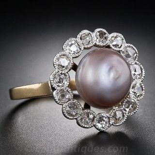 French Antique Natural Pearl and Diamond Ring