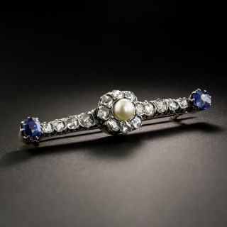 French Antique Natural Pearl, Diamond And Sapphire Bar Pin - 2