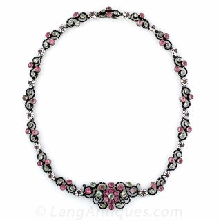 French Antique Silver, Enamel and Paste Necklace