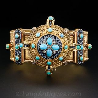 French Antique Turquoise and Enamel Bracelet and Brooch Set