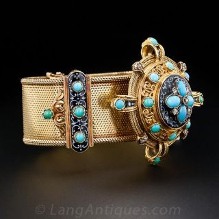 French Antique Turquoise and Enamel Bracelet and Brooch Set