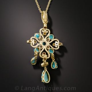 French Antique Turquoise, Enamel and Diamond Pendant Necklace
