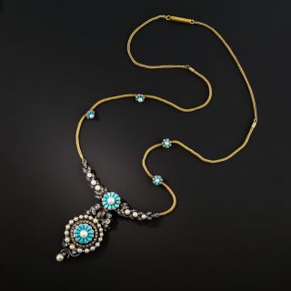 French Antique Turquoise, Natural Pearl and Diamond Necklace - 3