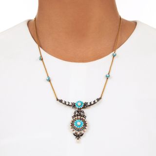 French Antique Turquoise, Natural Pearl and Diamond Necklace