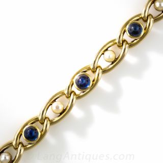 French Antque Cabochon Sapphire and Natural Pearl Bracelet