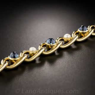 French Antque Cabochon Sapphire and Natural Pearl Bracelet