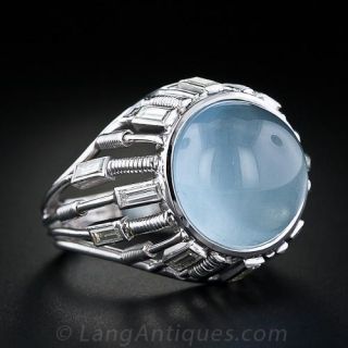 French Aquamarine Cabochon and Diamond Ring
