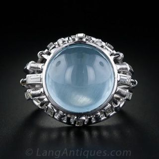 French Aquamarine Cabochon and Diamond Ring