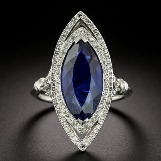 Art Deco 5.68 Carat Marquise No-Heat Sapphire and Diamond Ring - 3