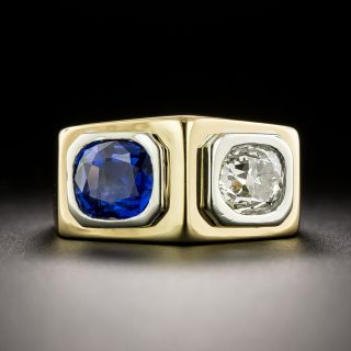 French Art Deco .95 Carat Cushion-Cut Diamond and No-Heat Sapphire Ring - GIA - 3
