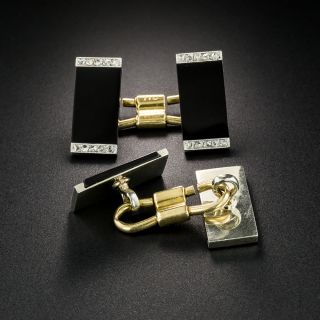 French Art Deco Black Onyx and Diamond Cufflinks