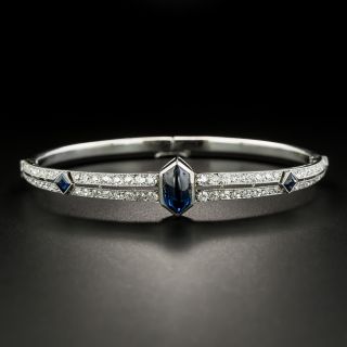 French Art Deco Cabochon Sapphire and Diamond Bangle Bracelet - 2