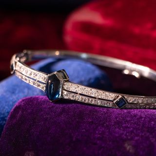 French Art Deco Cabochon Sapphire and Diamond Bangle Bracelet
