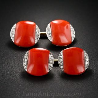 French Art Deco Coral and Diamond Cuff Links