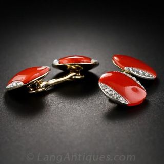 French Art Deco Coral and Diamond Cuff Links