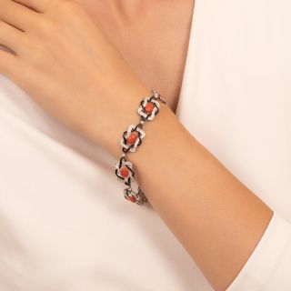 French Art Deco Coral, Diamond and Black Enamel Bracelet