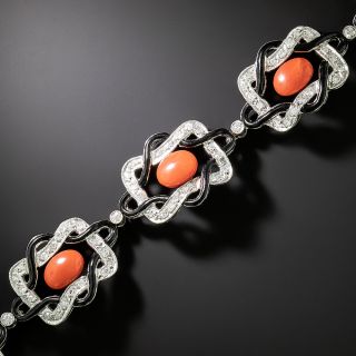 French Art Deco Coral, Diamond and Black Enamel Bracelet - 2