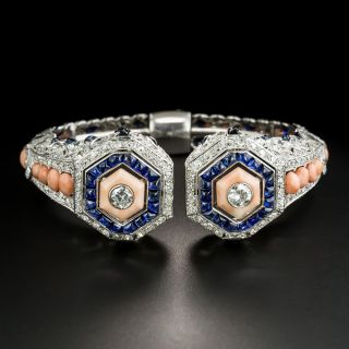 French Art Deco Coral, Diamond and Sapphire Bangle