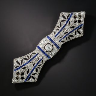 French Art Deco Diamond and Sapphire Bow Brooch - 6