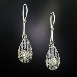 French Art Deco Diamond and Sapphire Dangle Earrings - 2