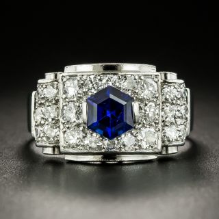 French Art Deco Hexagonal No-Heat Sapphire and Diamond Ring - 2