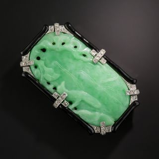 French Art Deco Jadeite, Diamond and Enamel Brooch - 6