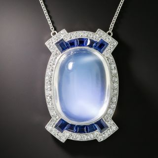 French Art Deco Large Moonstone, Diamond and Sapphire Pendant - 3