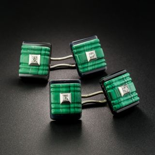French Art Deco Malachite, Onyx and Diamond Cufflinks - 2