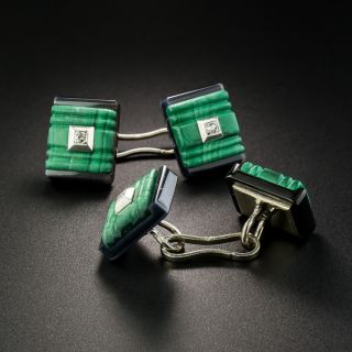 French Art Deco Malachite, Onyx and Diamond Cufflinks
