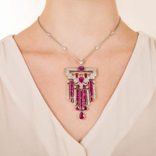 Art Deco No-Heat Ruby Platinum Diamond Necklace - GIA