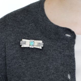 French Art Deco Opal and Diamond Geometric Bow Brooch
