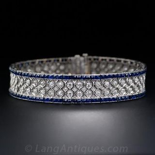 French Art Deco Platinum, Diamond and Calibre Sapphire Bracelet
