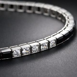 French Art Deco Platinum Diamond and Onyx Line Bracelet